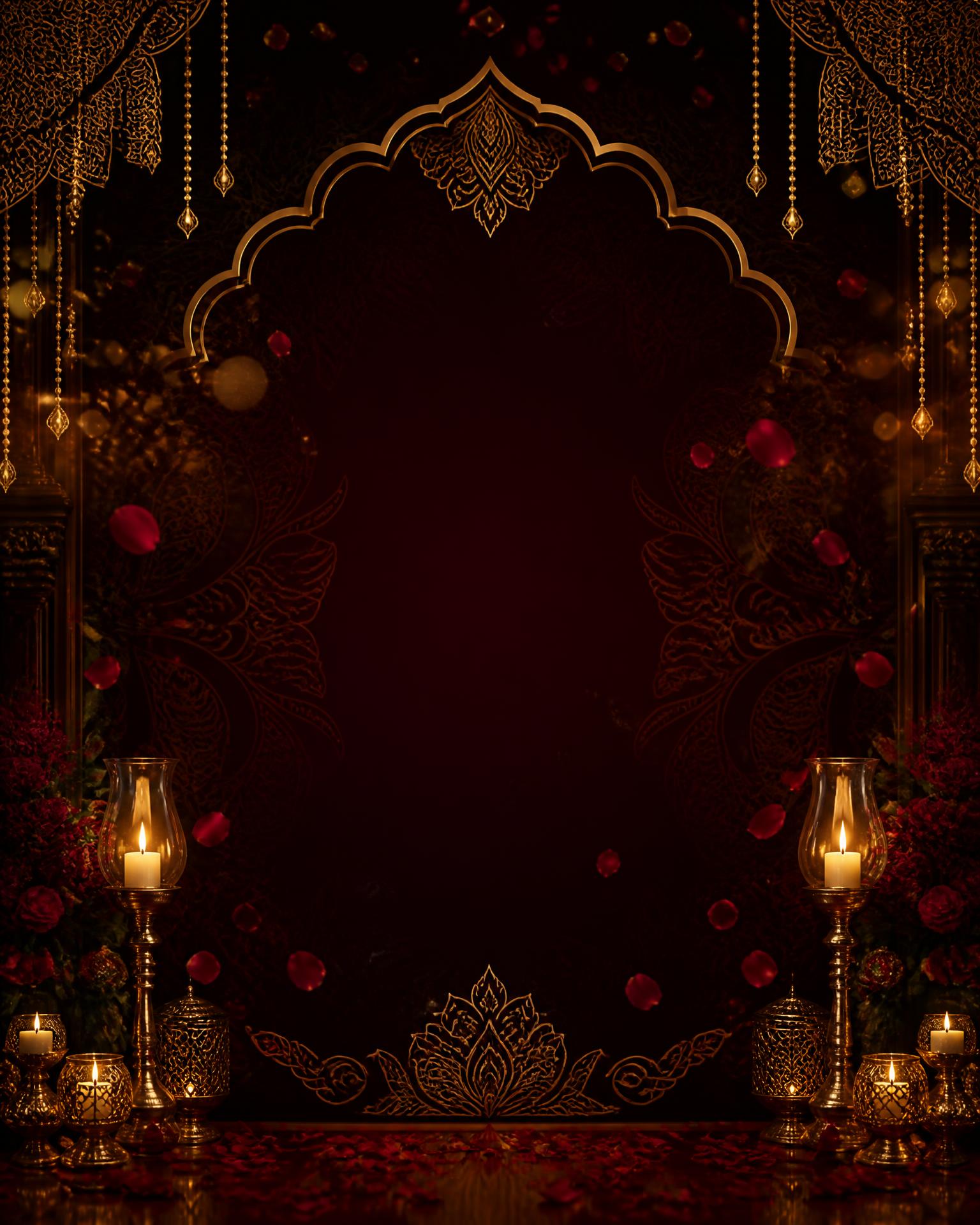 Golden wedding backdrop lit by candlelight